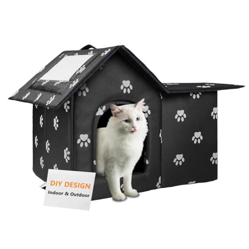 Large Cat Houses for Outdoor Cats, Weatherproof Outdoor House for Feral Cats, Collapsible Outside Cat House with Windproof Door, DIY Cardboard and Soft Mat, Warm Stable Stray Cats Shelter in Winter - Image 1