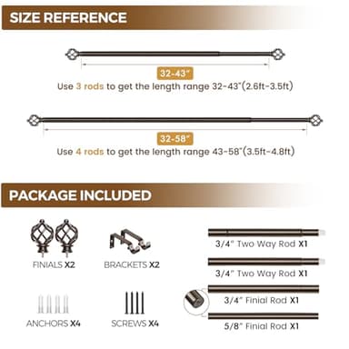 KAMANINA Bronze Curtain Rod 32 to 58 Inch(2.6-4.8ft), Adjustable Curtain Rods for Windows 28 to 48 Inch, 3/4 Inch Splicing Drapery Rods with Twisted Cage Finial - Image 8