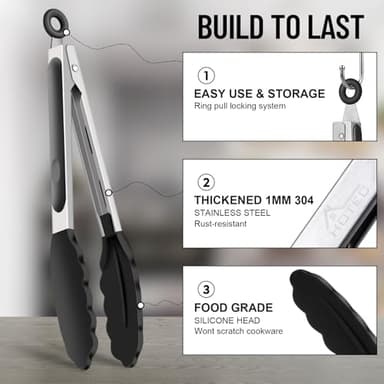 HOTEC Premium Stainless Steel Locking Kitchen Tongs with Silicon Tips, Set of 2-9" and 12" - Image 6