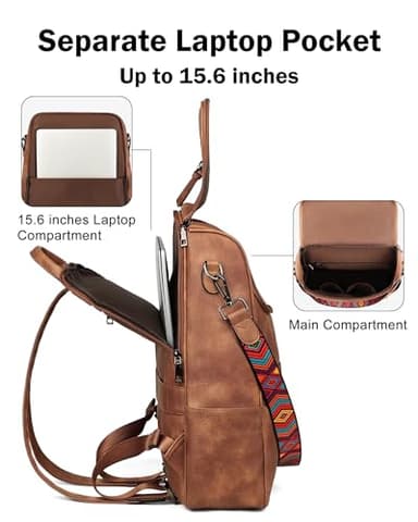 FADEON Laptop Backpack for Women Leather Travel Backpack with Laptop Compartment, Designer Ladies Computer Backpacks Brown - Image 4
