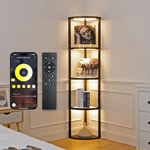 FENLO Corner Floor Lamp with Shelves, Dimmable LED Corner Shelf with Lights, Standing Lamp for Living Room, Shelf Lamp with Full Brightness Control, Color Changing Temps, and Reinforced Glass - Image 1