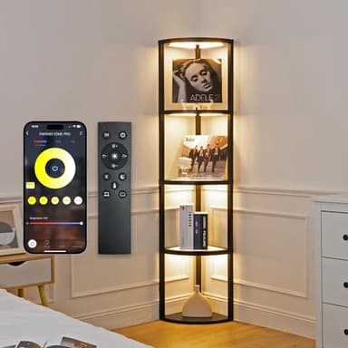 FENLO Corner Floor Lamp with Shelves, Dimmable LED Corner Shelf with Lights, Standing Lamp for Living Room, Shelf Lamp with Full Brightness Control, Color Changing Temps, and Reinforced Glass - Image 1