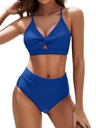 Sucrefas Women's High Waisted Bikini Set Two Piece Twist Knot Swimsuit Criss Cross Bathing Suit Cobalt XL - Image 1