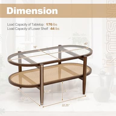 Giantex Rattan Coffee Table, 2-Tier Oval Acacia Wood Tea Table w/Tempered Glass Tabletop & PE Rattan Storage Shelf, Boho Cocktail Tables, Mid Century Modern Center Table for Living Room Office, Brown - Image 2
