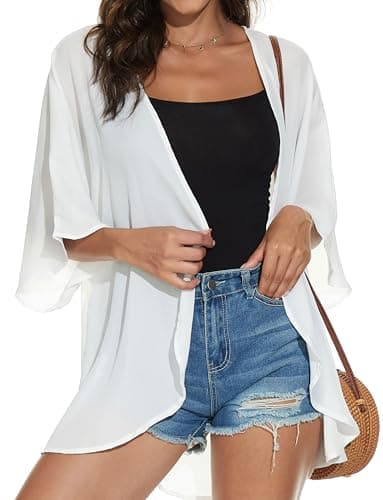 Women Summer Tops Kimono Cardigans Sheer Beach Cover Ups Chiffon Open Front Shirts （White,3XL - Image 2