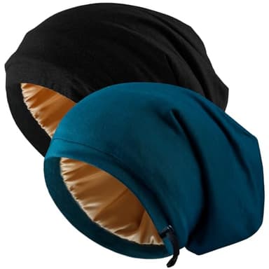 NICPOO 2 Pcs Adjustable Silk Satin Night Cap, Women's Men's Sleep Cap, Silk Lined Slouchy with Adjustable Strap, Curly Hair Head Scarf, Night Caps, Black+blue2 - Image 1