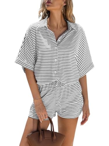 EXLURA Womens Summer 2 Piece Sets Casual Short Sleeve Striped Shirts Shorts Matching Sets Vacation Cruise Beach Outfits 2025 - Image 1