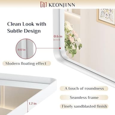 Keonjinn Matte White Bathroom Mirrors for Over Sink 40 x 30 Inch Large Rounded Rectangle Bathroom Mirror for Wall, Seamless Metal Frame Farmhouse Mirror, HD Tempered Glass(Horizontal/Vertical) - Image 3