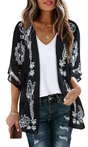 Summer Kimono Cardigan for Women Sheer Boho Tops Casual Open Front Swimwear Shirts Beach Cover ups (Caftan Black,XL) - Image 1