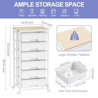 Rolling Storage Cart with Drawers,Utility Cart with 6 Large Drawers and Wooden Tabletop,Craft Storage Cart with Lockable Wheels for Bedroom, Office, Classroom, Kids'Room, Living Room (White) - Image 3
