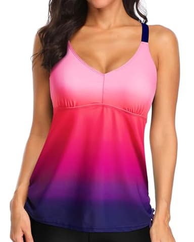 Tempt Me Women Pink Gradient Tankini Top Only V Neck Swim Tops Tummy Control Bathing Suit Top No Bottom M - Image 4