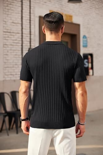 COOFANDY Men's Zipper Polo Shirts Short Sleeve Ribbed Knit Polo T Shirts Fashion Casual Golf Shirts Black - Image 4