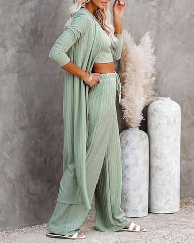 Fessceruna Womens 3 Piece Lounge Sets Pajamas Knit Long Sleeve Cardigan Crop Top Wide Leg Pants Loungewear Set - Image 5