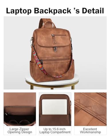 FADEON Laptop Backpack for Women Leather Travel Backpack with Laptop Compartment, Designer Ladies Computer Backpacks Brown - Image 6