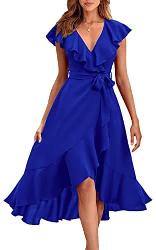 PRETTYGARDEN Women's Summer V Neck Ruffle Cross Tie Maxi Dress Solid Color Flutter Sleeve Holiday Dresses for Women 2025 (Blue,Medium) - Image 1