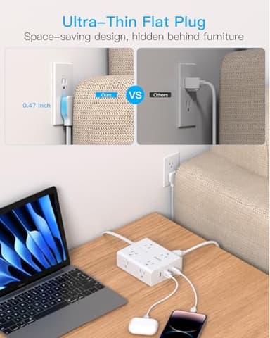 10Ft Extension Cord with Multiple Outlets, Flat Plug Power Strip Surge Protector 10 Ft Long Cord, 8 Outlet 4 USB Ports (2 USB C), Multi Outlet Wall Plug for Home Office, College Dorm Room Essentials - Image 3