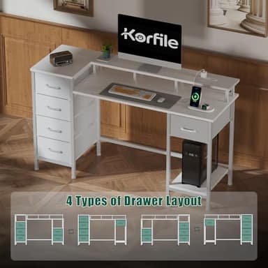 Korfile 47 Inch Computer Gaming Desk with Power Outlets & LED Lights Reversible Home Office Desk with Adjustable 5 Fabric Storage Drawers for Working Writing Study, White Oak - Image 6