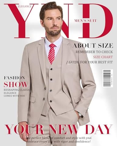 YND Men's Slim Fit 2 Button 3 Piece Suit Set, Blazer Jacket Vest Pants and Tie, Solid Wedding Dress Tux and Trousers Beige - Image 7