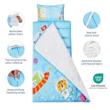 Safotad Toddler Nap Mat with Pillow and Blanket, Soft Sleeping Bag for Kids Boys and Girls, Slumber Bags Kids for Preschool, Daycare, Travel, Camping, 54" x 33" Great for Ages 3-6（Light Blue - Image 5
