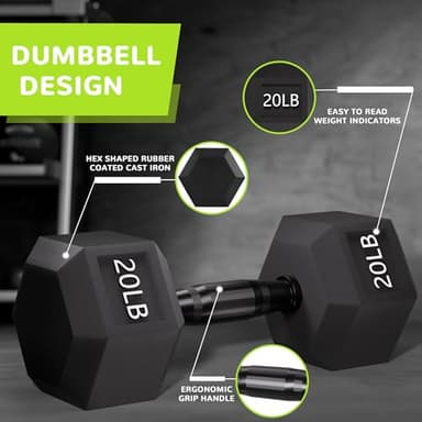 Fitvids Rubber Encased Exercise & Fitness Hex Dumbbell, Hand Weights with Anti-Slip Metal Handle for Home Gym, Multiple Sizes, 20LB Pair - Image 3
