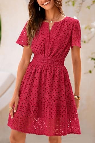 PRETTYGARDEN Womens 2025 Summer Short Dress V Neck Short Sleeve A Line Hollow Out Lace Ruffle Cute Casual Beach Party Dresses (Red,Large) - Image 3