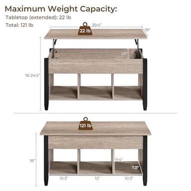 Yaheetech Gray Coffee Table, Lift Top Coffee Table with Hidden Compartment & Shelf, Lift Up Dining Table for Living Room Reception, Retro Central Table with Wooden Lift Tabletop, 41 inch L - Image 3