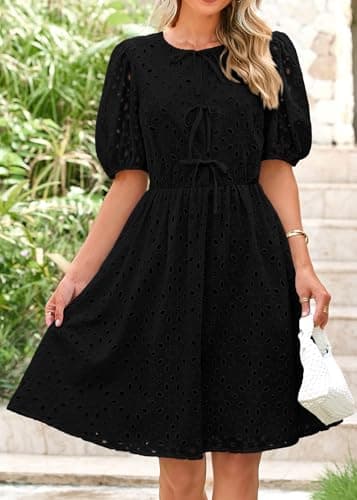 KIRUNDO Eyelet Summer Dresses for Women 2025 Short Sleeve Tie Front Babydoll A Line Wedding Guest Beach Vacation Sundress(Black, X-Large) - Image 4