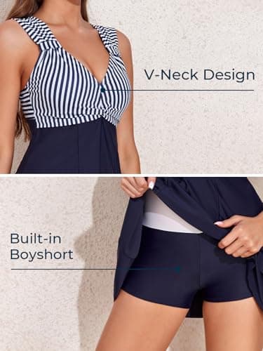 MiYang Women's One Piece High Waist Padded Swim Dress, Dark Blue Stripe, L (US 12-14) - Image 4