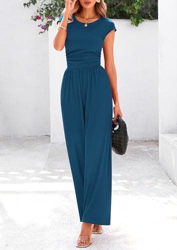 PRETTYGARDEN Summer Jumpsuits for Women Dressy 2025 Ribbed Cap Sleeve Wide Leg Pants Rompers Elegant Casual One Piece Outfits (Lake Blue,Medium) - Image 5