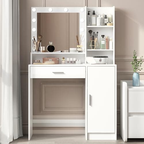 Palimder Vanity Desk with Mirror and Light, Large Drawer and Three Level Storage Dresser, 3 Lighting Modes Adjustable Brightness, Bedroom Dressing Table (White) - Image 1
