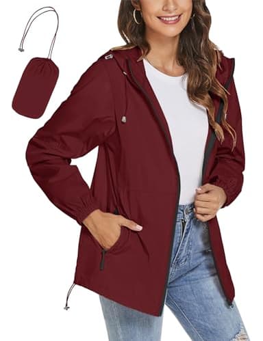 TCOT Rain Jackets for Women Waterproof Lightweight Outdoor Active Raincoat Packable Hooded Windbreaker Jacket Wine Red S - Image 1
