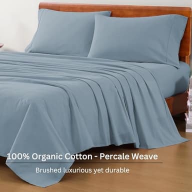 LANE LINEN 100% Organic Cotton Full Sheets Set 4-Piece Pure Percale Soft Bedding Breathable Fits Mattress Upto 15" Deep - French Blue - Image 3