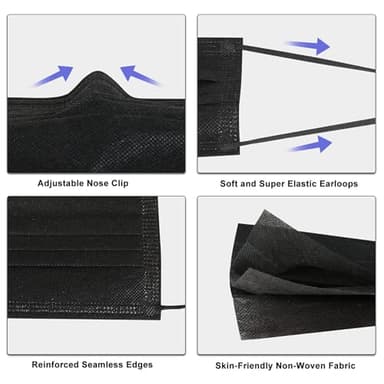 akgk 100Pcs Disposable Face Masks, Black Face Mask, 3 Ply Disposable Mask - Image 2
