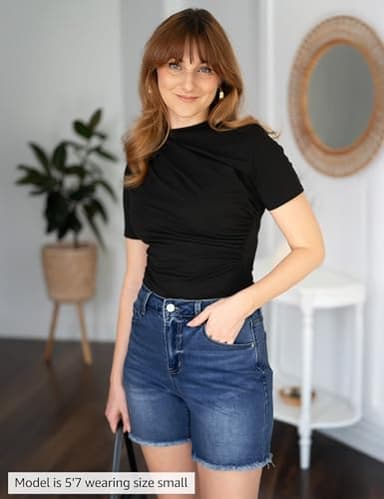 luvamia FleXclusive Jean Shorts for Women Trendy High Waisted Stretchy Denim Summer Casual Raw Hem Mom Long Cutoff Jorts Womens Shorts Classic Blue Size Medium Fits US 8-10 - Image 5