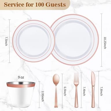 BESTVIP 600PCS Plastic Dinnerware Set (100 Guests), Rose Gold Disposable Plates for Party, Wedding, Christmas, Anniversary, Includes: Dinner Plates, Dessert Plates, Cups, Spoons, Forks and Knives - Image 3