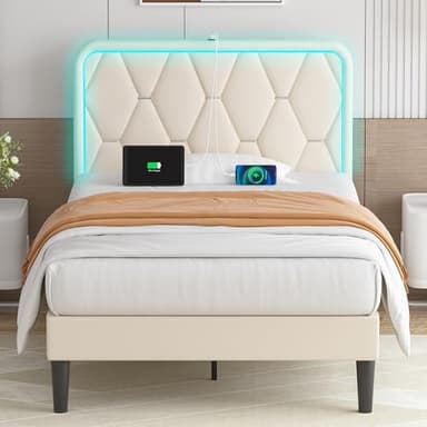 VECELO Upholstered Twin Bed Frame with Headboard Adjustable, Velvet Platform Bed with LED Lights, Charging Station, Mattress Foundation with Wooden Slats, Noise Free, No Box Spring Needed, Beige - Image 1