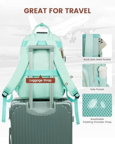 LOVEVOOK Laptop Backpack Purse for Women, Unisex Large Capacity 17 Inch Travel Anti-theft Bag, Work Business Computer Bags Backpack for Men, Casual Hiking Daypack with Lock, Mint Green - Image 4