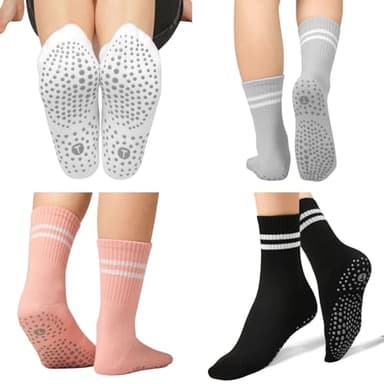 Toes Home Pilates Socks for Women with Grippers, Non Slip Yoga Crew Socks for Barre Hospital Exercise Workout Sticky Athletic Slipper Socks 4 Pairs - Image 4