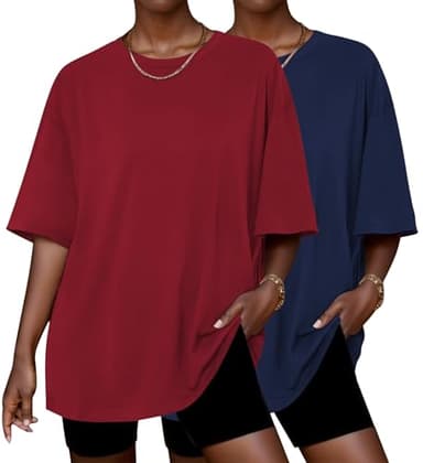 Ekouaer 2 Pack Womens Pajama Tops Short Sleeve Oversized T Shirts Summer Spring Tops 2025 Basic Casual Tee Top Navy/Wine XXL - Image 1