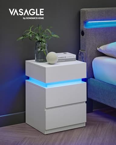 VASAGLE Nightstands with LED Lights, Set of 2, Adjustable Light Colors, Bedside Tables, Side Tables with 3 Drawers, Modern Style, 13.8 x 15.7 x 21.7 Inches, Cloud White ULET799T12 - Image 4