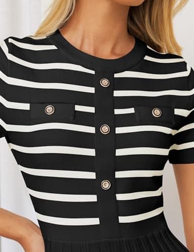 ZESICA Women's 2025 Casual Striped Midi Dress Crewneck Short Sleeve Button Ribbed Knit Swing Pleated A Line Dresses,Black,Medium - Image 5