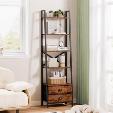 Furologee 5-Tier Ladder Shelf with 2 Drawers,Narrow Bookshelf Storage Shelves,Industrial Bookcase Freestanding Rack Units for Bedroom,Living Room,Bathroom,Home Office,Balcony,Wood Metal,Rustic Brown - Image 2