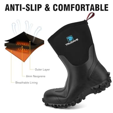 Trudave Rubber Boots for Women with Steel Shank, 6mm Neoprene Mid Calf Rain Boots, Waterproof Insulated Mud Work Boots All Season, Black, Size 5 - Image 4
