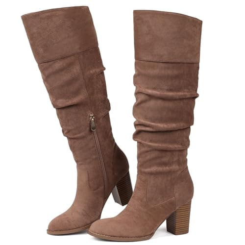 Erocalli Women's Suede Knee High Boots Khaki Fall Tall Boot Chunky Heel Round Toe High Heel Long Side Zipper Fashion Boots - Image 1