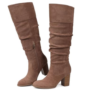 Erocalli Women's Suede Knee High Boots Khaki Fall Tall Boot Chunky Heel Round Toe High Heel Long Side Zipper Fashion Boots - Image 1