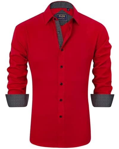 J.VER Dress Shirts for Men Contrast Collar Casual Button Down Shirt Long Sleeve Semi Formal Wedding Party Stylish Tops Red Small - Image 1