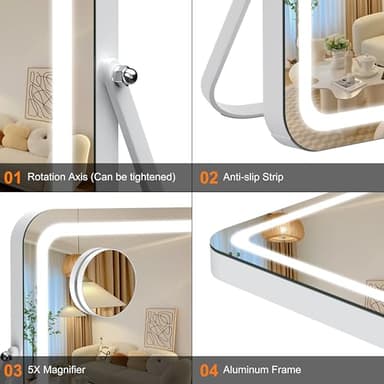 Hasipu Vanity Mirror with Lights, 18" x 14" LED Makeup Mirror, 3 Modes Light, Smart Touch Control Dimmable, 360°Rotation, Rectangle White Frame, with 5X Magnifying Glass - Image 7