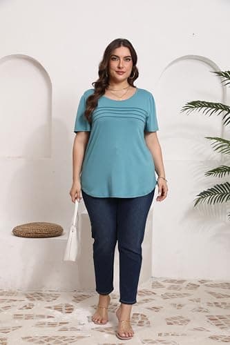Plus Size T Shirts for Women Summer Short Flare Sleeve Pleated Dressy Casual Scooped Neck Summer Tops Blouses 3X Turquoise - Image 7