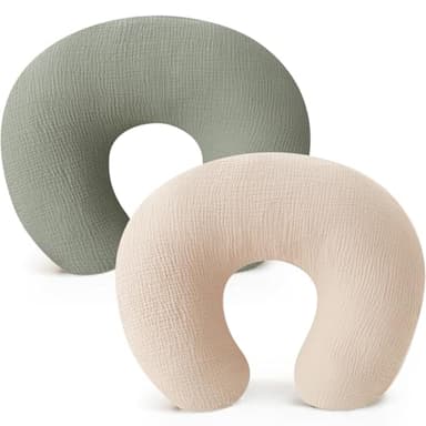 Konssy Muslin Nursing Pillow Covers, Soft and Cute Nursing Covers for Breastfeeding Pillows, Ideal for Newborn Baby Boys and Girls (Fog Green, Cream) - 2 Pack - Image 1