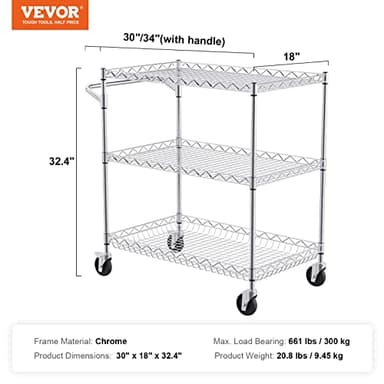 VEVOR Kitchen Utility Cart, 3 Tiers, Wire Rolling Table with 661 LBS Capacity, Steel Service Desk on Wheels, Metal Storage Trolley with 80 mm Deep Basket Curved Handle 6 Hooks - Image 7